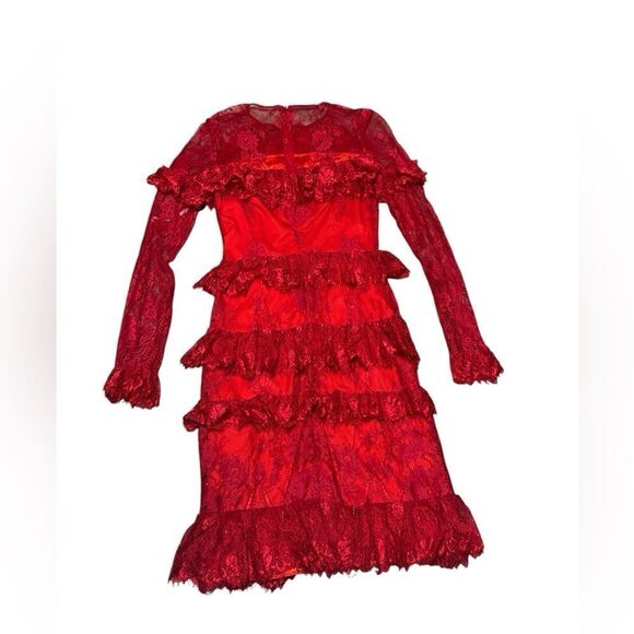 NWT ML Monique Lhuillier red Lace Ruffled long sleeve mini dress Size sz 2 - Picture 5 of 10